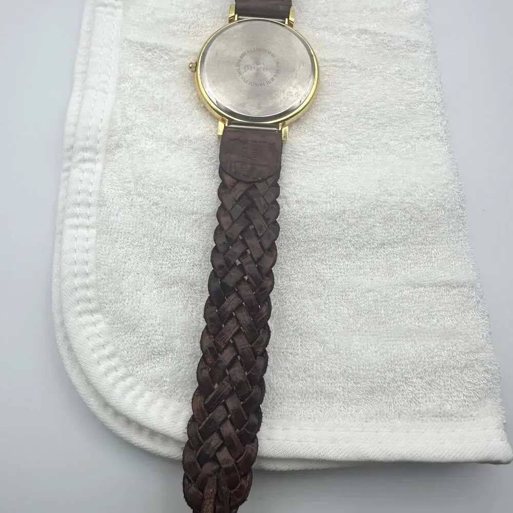 Gitano Quartz Gold Tone Watch White Dial Braided Brown Leather Strap